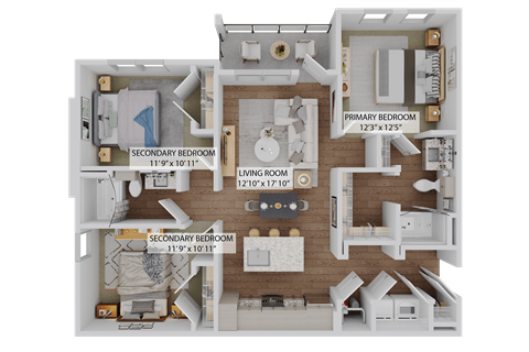 Floor plan for 3 beds, 2 baths, 1259 sqft